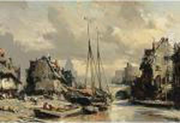 A Harbour Scene In A Town Oil Painting by Eugene Isabey