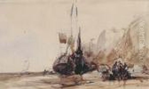 Personnages Et Bateaux Pres De Falaises Oil Painting by Eugene Isabey