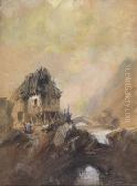 River Landscape With A Cottage And Two Figures Oil Painting by Eugene Isabey