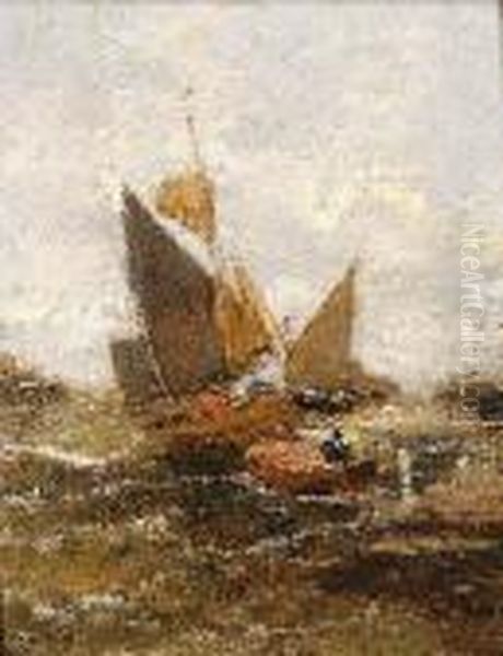 Fishing Boats At Sea Oil Painting by Eugene Isabey