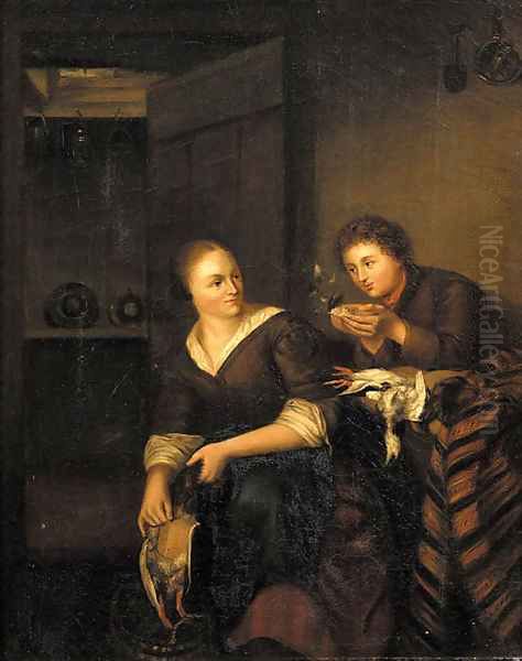 A Vanitas A man courting a maid in an interior Oil Painting by Willem van Mieris