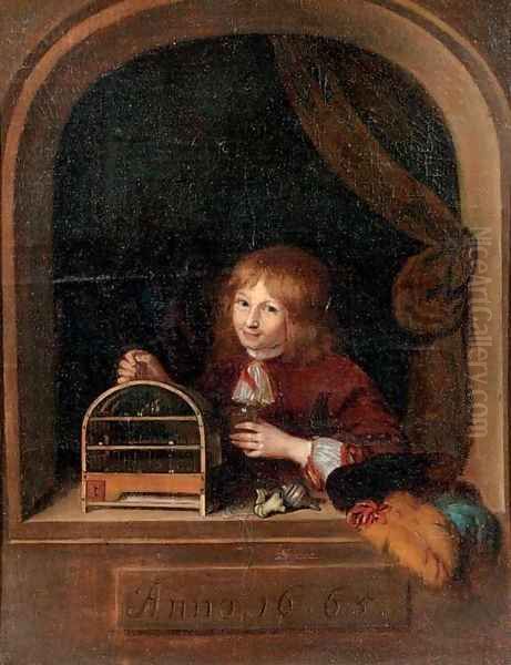 A boy in a feigned niche holding a cage with a song bird Oil Painting by Willem van Mieris