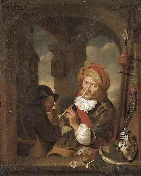 A cavalier smoking and playing cards at a window Oil Painting by Willem van Mieris