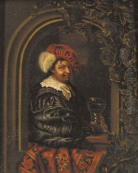 A drinker holding a roemer at a stone niche Oil Painting by Willem van Mieris