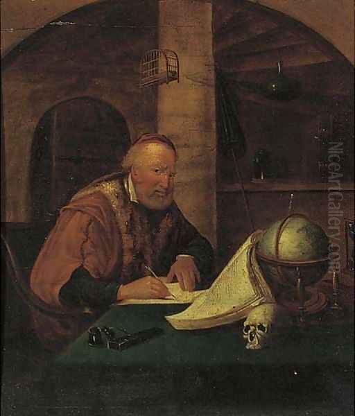 A man playing a violin at a window; and a philosopher in his study Oil Painting by Willem van Mieris