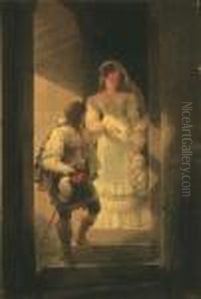 Un Couple Descendant L'escalier De La Tourelle Du Chateau D'harcourt Oil Painting by Jean Baptiste Isabey