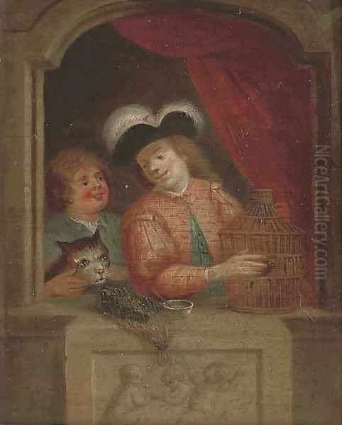 A man and a boy with a caged bird at a casement; and Three children at a casement Oil Painting by Willem van Mieris