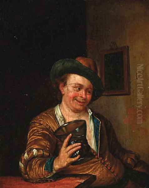 A peasant man holding a large roemer at a table in an interior Oil Painting by Willem van Mieris