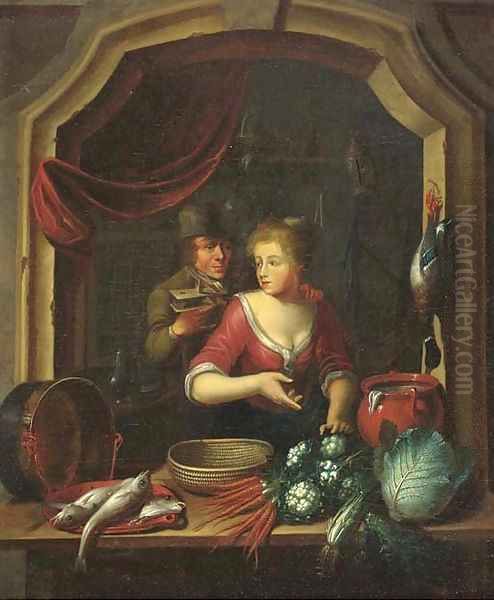 A woman cleaning vegetables and fish by a window, a man holding a birdcage nearby Oil Painting by Willem van Mieris