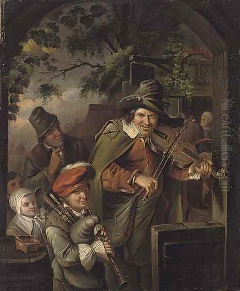 Musicians at the entrance to an Inn Oil Painting by Willem van Mieris