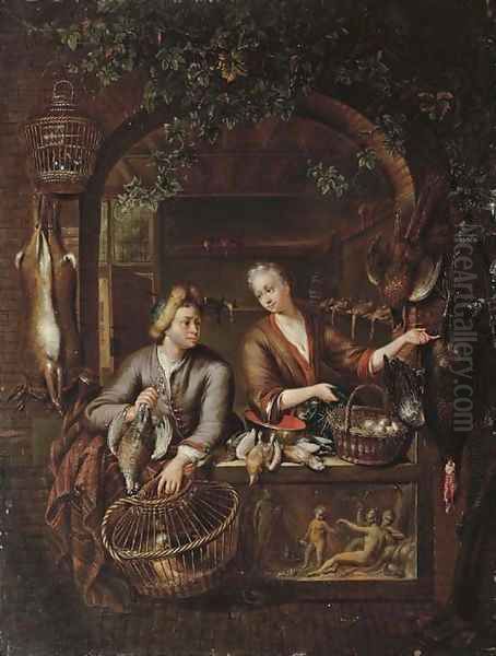 Poultry sellers in a arched window above a carved relief Oil Painting by Willem van Mieris