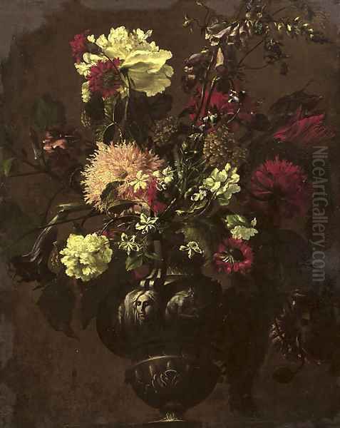 Tulips, carnations and other flowers in a sculpted vase Oil Painting by dei Fiori (Nuzzi) Mario