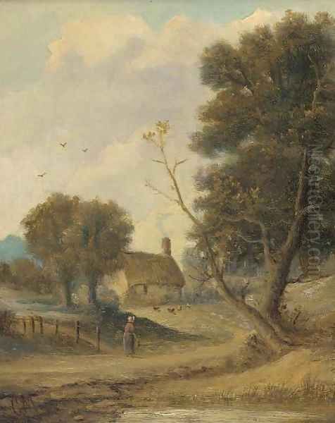 A figure before a cottage in a wooded landscape Oil Painting by Christopher Mark Maskell