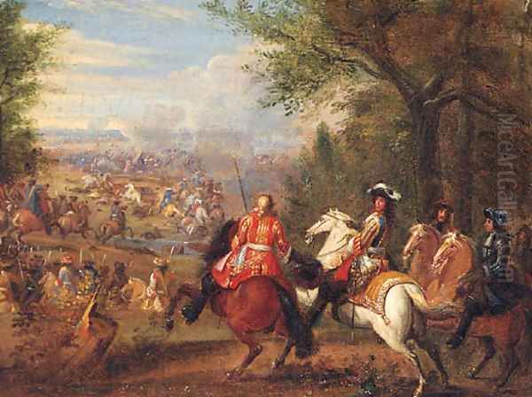 A military commander and generals observing a battle Oil Painting by Adam Frans van der Meulen