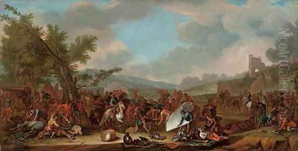 A military encampment after a battle Oil Painting by Adam Frans van der Meulen