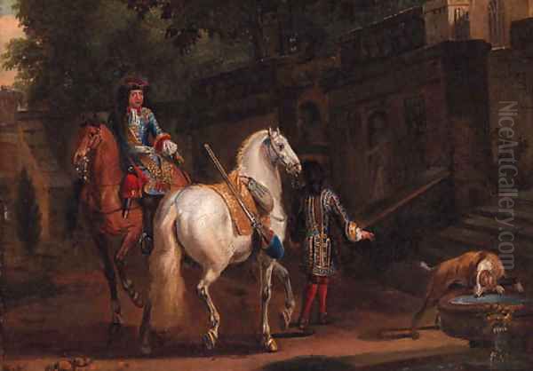 Elegant horsemen by a fountain Oil Painting by Adam Frans van der Meulen