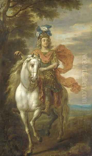 An equestrian portrait, possibly of Johann William, Elector Palatine (1658-1716) Oil Painting by Adam Frans van der Meulen