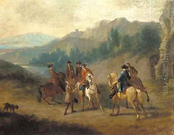 Figures on horseback, a moutainous landscape beyond Oil Painting by Adam Frans van der Meulen