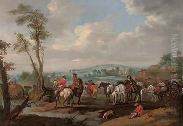 A landscape with a caravan moving across a river Oil Painting by Adam Frans van der Meulen