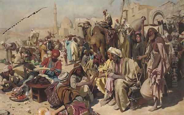 Street musicians at the bazaar Oil Painting by Carl Leopold Mutller