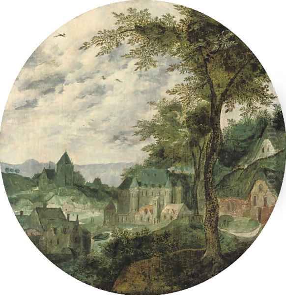 A river landscape with a town, a palace and a church Oil Painting by Frans Mostaert