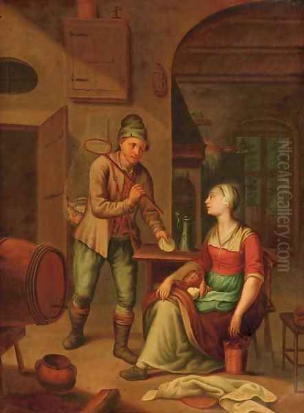 A fisherman presenting a shell to a maid Oil Painting by Heroman Van Der Mijn