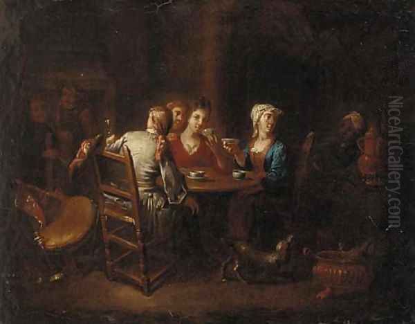 Company drinking tea and wine in an inn Oil Painting by Heroman Van Der Mijn