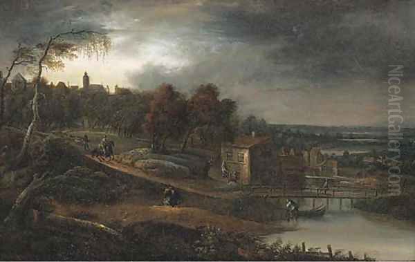 A river landscape with travellers near a town Oil Painting by Jan Baptist van der Meiren