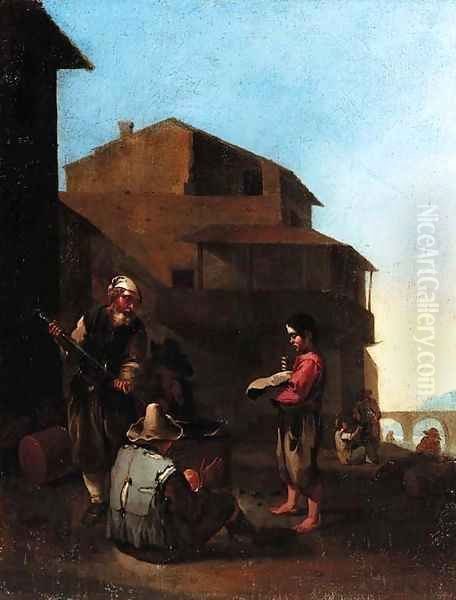 An Italianate town with peasants cooking at a fire Oil Painting by Jan Miel