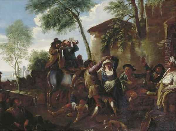 Peasants dancing the Saltarello by a farmhouse Oil Painting by Jan Miel