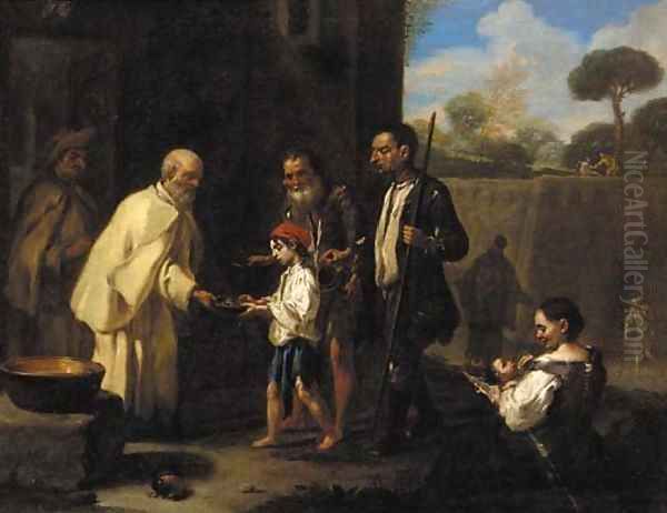 Peasants receiving alms from a monk Oil Painting by Jan Miel