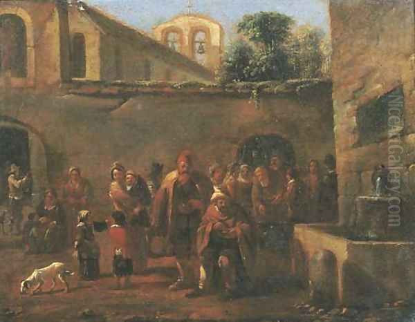 The courtyard of a monastery with monks feeding the poor by a fountain Oil Painting by Jan Miel