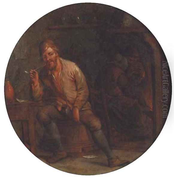 A boor smoking a pipe in an interior, a peasant by a fireplace beyond Oil Painting by Jan Miense Molenaer