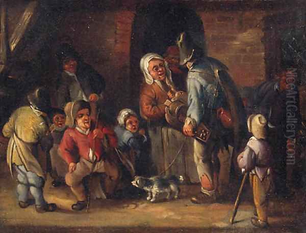 A hurdy-gurdy player conversing with peasants outside a cottage Oil Painting by Jan Miense Molenaer