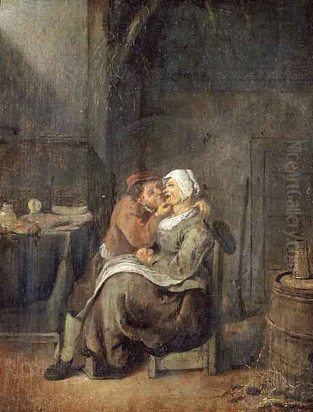 A boor courting a maid in a barn Oil Painting by Jan Miense Molenaer