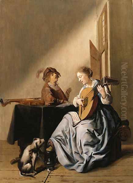 A young Woman playing a Lute with a Youth singing in an Interior Oil Painting by Jan Miense Molenaer