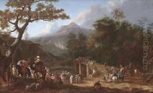 A Turkish caravan in an extensive mountainous landscape Oil Painting by Jean Baptist Van Der Meiren