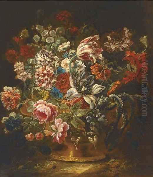 Roses, carnations, a parrot tulip and other mixed flowers in a vase Oil Painting by Jean-Baptiste Morel