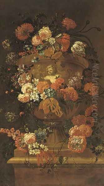 Roses, carnations, tulips, morning glory, narcissi and other flowers in a sculpted urn on a stone ledge Oil Painting by Jean-Baptiste Morel