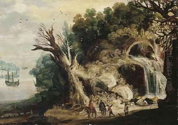 A mountainous river landscape with travellers on a track by a waterfall Oil Painting by Josse de Momper