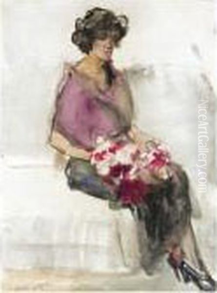 A Seated Lady With Flowers Oil Painting by Isaac Israels