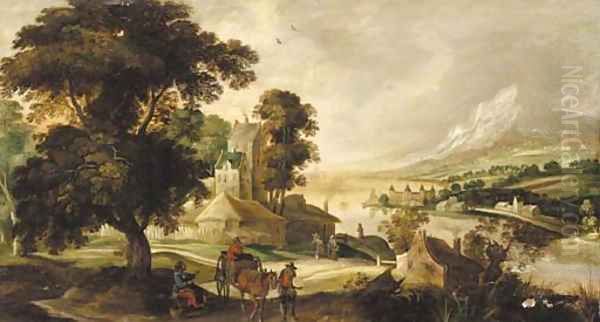 A river landscape with a horse and cart and other figures before a town Oil Painting by Josse de Momper