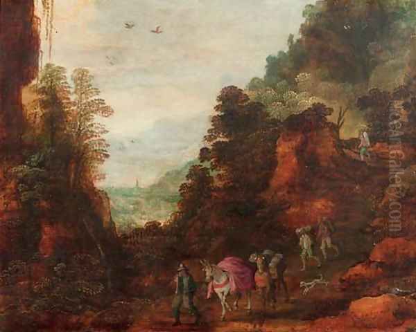 A rocky wooded landscape with travellers and mules on a track Oil Painting by Josse de Momper