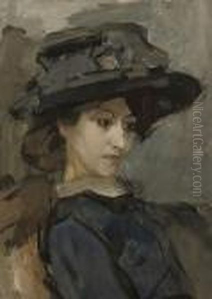 Jonge Vrouw Met Hoed: A Lady Wearing A Black Hat Oil Painting by Isaac Israels