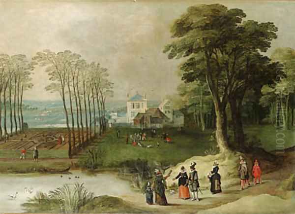 A wooded landscape with elegant company by a pond Oil Painting by Josse de Momper