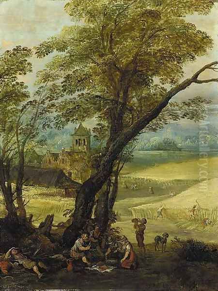 Summer An extensive landscape with harvesters resting beneath a tree Oil Painting by Josse de Momper