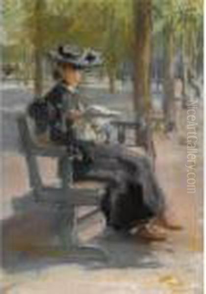 An Elegant Lady Reading In The Bois De Boulogne Oil Painting by Isaac Israels