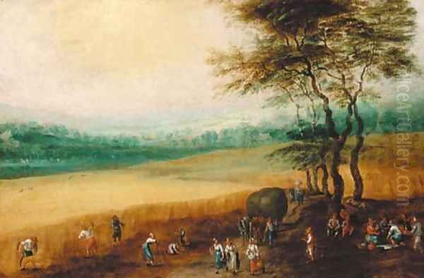 A summer landscape with peasants harvesting Oil Painting by Josse de Momper