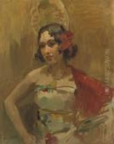 Danseres Met Roode Sjaal: A Spanish Beauty Oil Painting by Isaac Israels