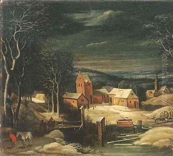 A winter river landscape with travellers on a track, a village beyond Oil Painting by Josse de Momper